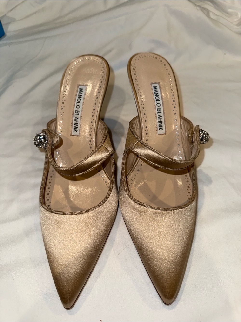 Manolo Blahnik Champagne Satin Pointed Slingback Heels with Crystal Accent